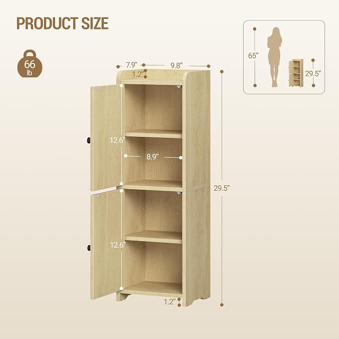 Hzuaneri Bathroom Storage Cabinet, Small Corner Floor Cabinet with 2 Doors and Adjustable Shelf, Narrow Toilet Paper Cabinets, Bathroom Organizer for Small Spaces, 7.9" D x 9.8" W x 29.5"Rattan Yellow