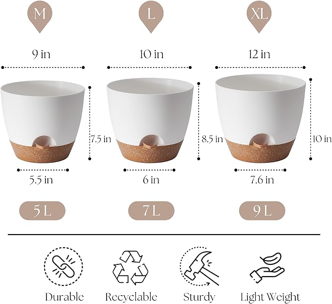 TYMENSH Plant Pots 12/10/9 Inch Set of 3, Self Watering Planters with Drainage Holes and Water Reservoir, Heavy Duty Plastic Flower Pots for Indoor Outdoor Plants, White
