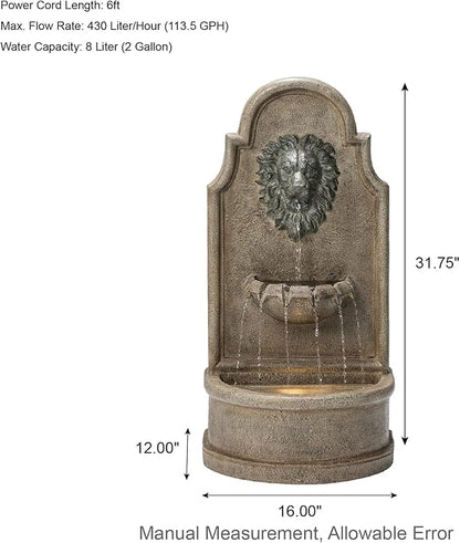 Glitzhome 3-Tier Outdoor Water Fountain with LED Light, Oversized Vintage European Style Lion Head Waterfall Fountains, Rustic Faux Granite Fountain for Garden Patio Deck Porch, 31.75”H