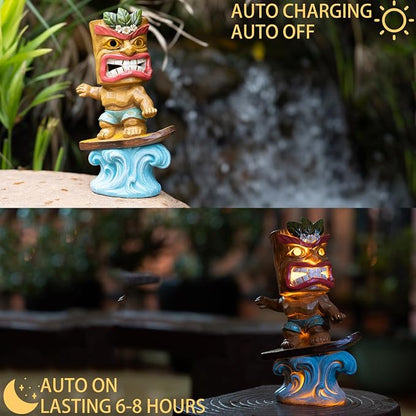 Solar Tiki Statue Outdoor Decor-Tiki Bar Decor-Garden Tiki Surfing Statues Waterproof Decoration Figurine for Tiki Bar,Patio,Balcony,Yard,Lawn,Table,Desk 9.92 Inches Tall