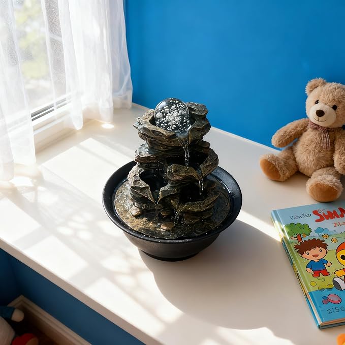 Tabletop Waterfall Fountain with Cascading Rock & Spining Orb, Indoor Zen Meditatin Waterfall for Home Office Relaxation