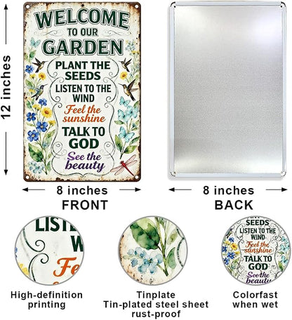 Garden Metal Tin Sign,Welcome To Our Garden Sign | Vintage Funny Wall Art for Outdoor Garden Wall Decor,Gifts for Plant Lovers Women Gardeners
