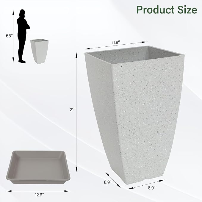 Neoaider Set of 2 Tall Planter, 21 inch Large Plastic Planter, Bluish Gray | Ceramic-Look, Lightweight, Built-in Drain Hole, Saucers, Tall Outdoor Planter for Porch, Garden, Patio, Balcony