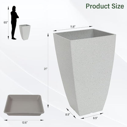 Neoaider Set of 2 Tall Planter, 21 inch Large Plastic Planter, Bluish Gray | Ceramic-Look, Lightweight, Built-in Drain Hole, Saucers, Tall Outdoor Planter for Porch, Garden, Patio, Balcony