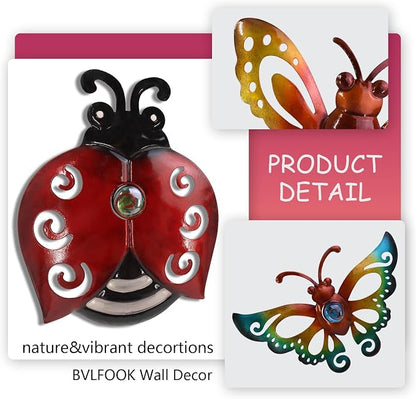 Garden Decor Butterfly Ladybug Bee Metal Wall Art Decor, Wall Decoration Hanging for Home Garden Porch Patio Balcony Ornament for Outdoor Gift, 3 Pack 9 Inch