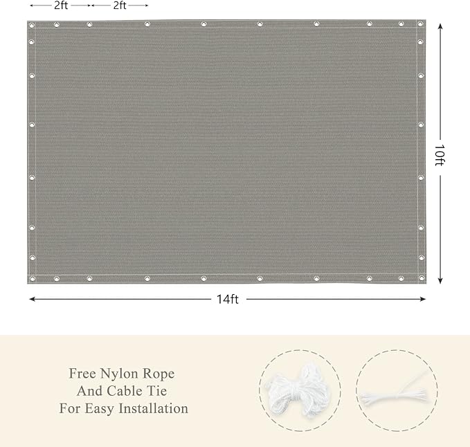 90% Outdoor Sun Shade Cloth, 10' x 14', Pergola, Deck, and Backyard Patio Sunshade with UV Protection, Heat Resistant HDPE Material, Reinforced Grommets (10x14 FT, Grey)
