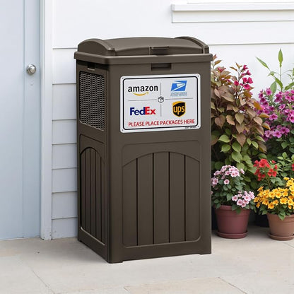 Greesum 33 Package Delivery Box for Outside, Waterproof Resin Garbage Bin with Lid for Hideaway, Deck, Patio, Dark Brown