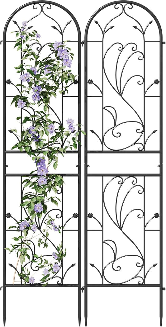 2-Pack 87" x 20" Sunflower Scroll Arch Black Metal Garden Trellises | Set of 2 rust-resistant trellises with Sunflower scrollwork, arched tops, and support for roses, vines, or vegetables