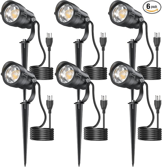 HIBOITEC 12W Plug in Outdoor Spotlights 6 Packs, 36° COB LED Spot Light Waterproof, ET; Listed 2900K Landscape Lights with Aluminum Stake for Yard Driveway Garden House Facade