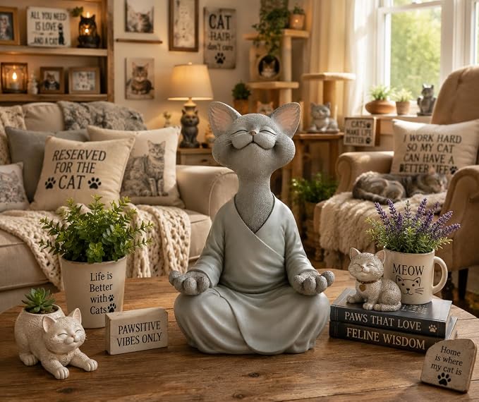 12" Whimsical Happy Cat Buddha Statue – Indoor Outdoor Zen Cat Decor