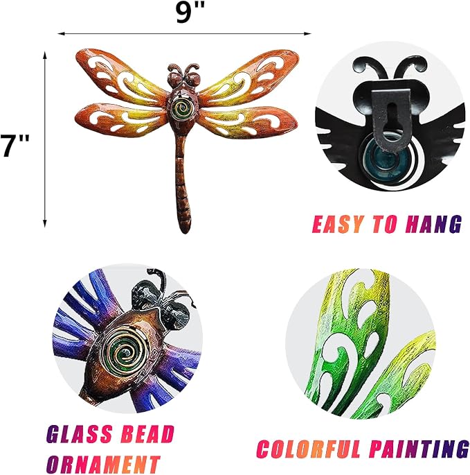 Metal Dragonfly Wall Art, Metal Indoor Outdoor Fence Wall Decor | BVLFOOK Wall Art for Living Room Bedroom, 9 Inch 3 Pack, Hand-made Vibrant Ornament Sculpture for Patio Balcony