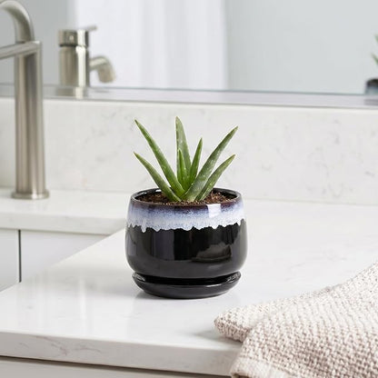 Ceramic Planter 4 Inch - Small Pots for Plants with Drainage and Saucer, Round Flower Pot for Indoor Plants, Ceramic Succulent Pots, Room Home Decor, Plant Lover Gifts for Women, Black-Blue