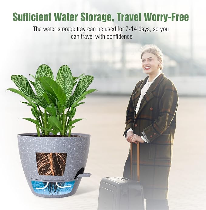10 inch Self Watering Planters, 2 Pack Large Plastic Plant Pots with Deep Reservior and High Drainage Holes for Indoor Outdoor Plants and Flowers, Speckled Grey