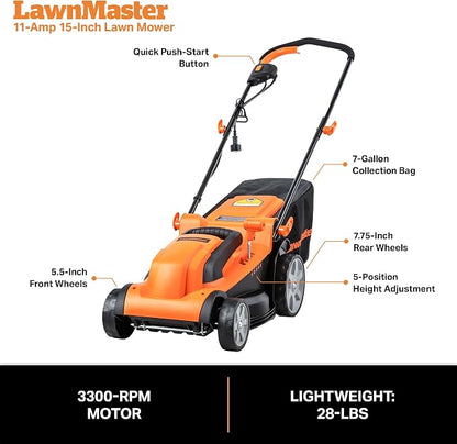 LawnMaster MEB1114K Electric Corded Lawn Mower 15-Inch 11AMP