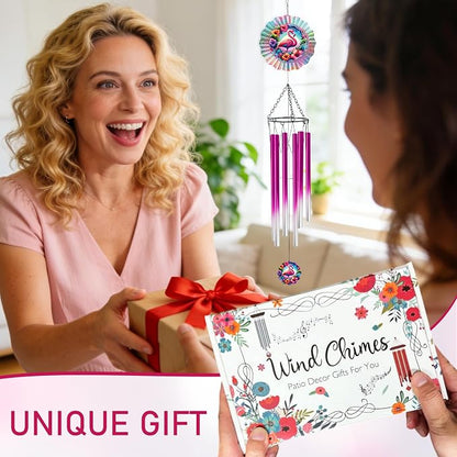 Flamingo Wind Chimes for Outside with Wind Spinner, Summer Garden Patio Yard Porch Decor, Tropical Flower Wind Chime with Colorful Gift Box, Summer Birthday Housewarming Gifts for Women Mom