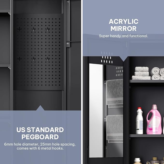 YITAHOME 71" Metal Garage Broom Cabinets with Adjustable Shelves, Vacuum Storage Cabinet with Doors and Drawer, Tool Storage Cabinet for Gym, Basement, Warehouse, Black, Metal | Built-in Pegboard, Adjustable Shelves, Heavy-Duty Metal, for Garage Gym Ba...