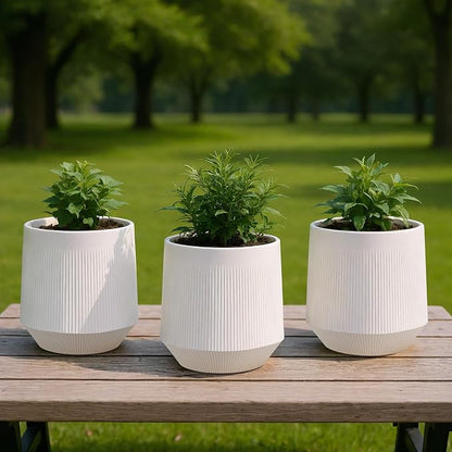 Plant Pots，Set of 3 Plastic Pots for Indoor Plants,Flower Pots Outdoor Planters with Drainage Hole and Seamless Saucer,Milky-Yellow