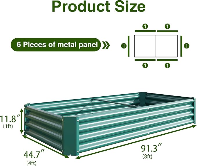Metal Galvanized Raised Garden Bed Kit, 8 x 4 x 1 ft Galvanized Steel Raised Garden Planter Box Outdoor with Open Base for Growing Vegetables/Flowers/Herbs/Fruits/Succulents, Rectangle, Green