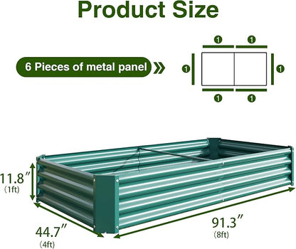 Metal Galvanized Raised Garden Bed Kit, 8 x 4 x 1 ft Galvanized Steel Raised Garden Planter Box Outdoor with Open Base for Growing Vegetables/Flowers/Herbs/Fruits/Succulents, Rectangle, Green