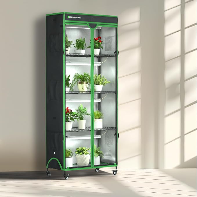Indoor Greenhouse with Grow Light, Mini Greenhouse with Cover | 5-Tier Plant Shelf with 3-Color T8 Growth Light, Plant Stand with Smart Timing Plug and thermohygrometer, 35.8"x17.8"x71.8"