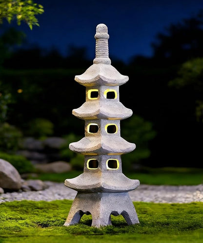 Nacome Solar Pagoda Garden Statues: 25.6 inches Multi-Layer Outdoor Weatherproof Resin Zen Decor for Landscape Balcony Patio Porch Yard Ornament(Gray)