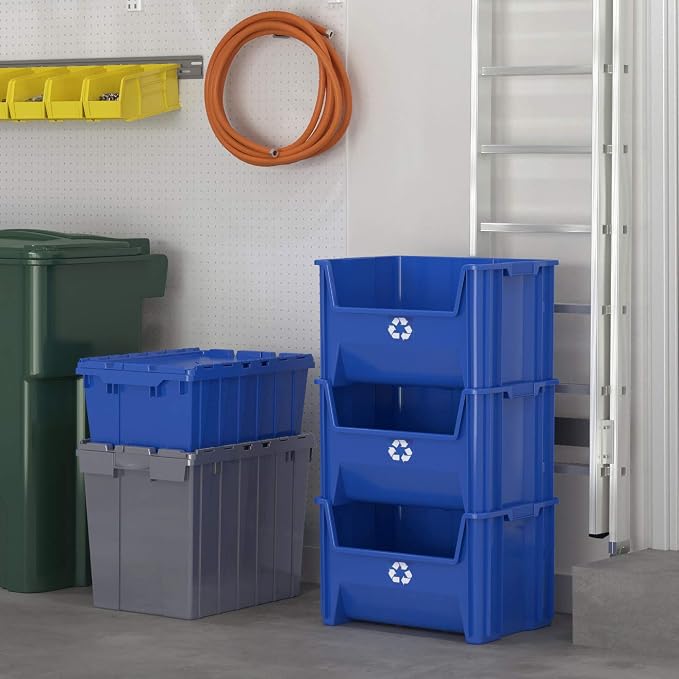 READYSPACE Commercial Industrial Heavy Duty Stackable Open-Front Recycling Bin Box Containers, 12.5 Gallon (Pack of 3), Blue