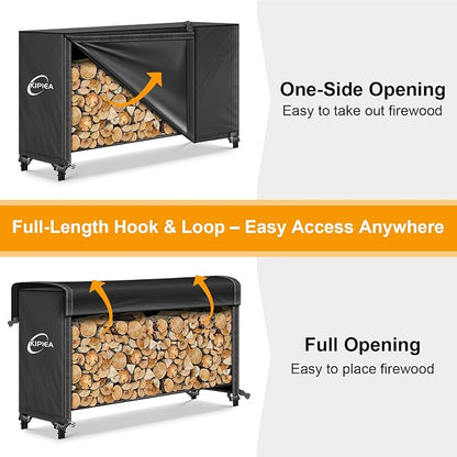 Kipiea 6FT Waterproof Firewood Storage Log Rack Cover, Heavy Duty 600D Outdoor Wood Storage Rack Cover with Buckles and Full-Length Hook & Loop Fastener, Tear-Resistant
