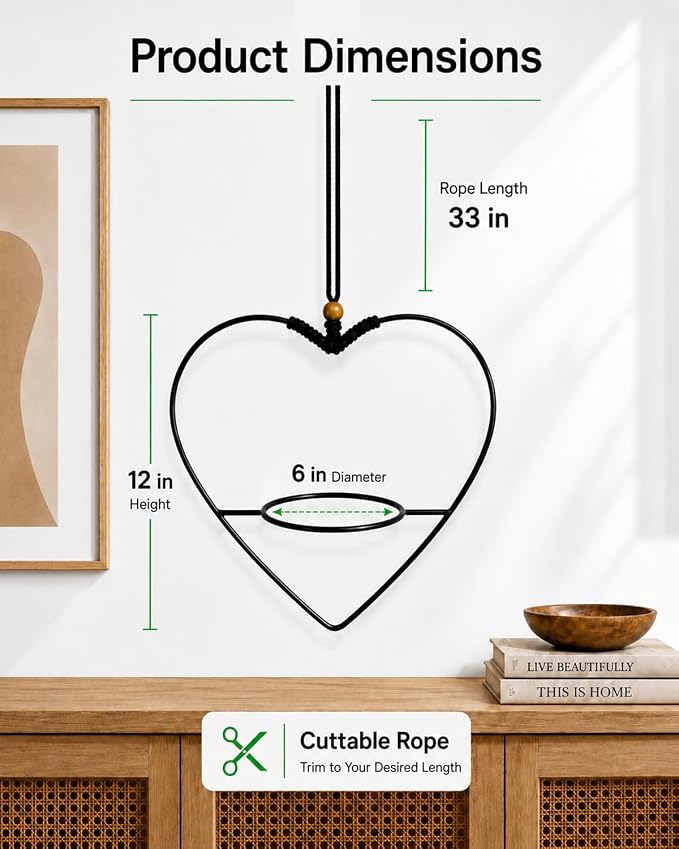 vensovo Decorative Hanging Planter Set of 2 – Heart-Shaped Metal Frame Hanging Plant Holders with Braided Rope, Wooden Bead Accent & White Plastic Pots – Romantic Home Garden Decor