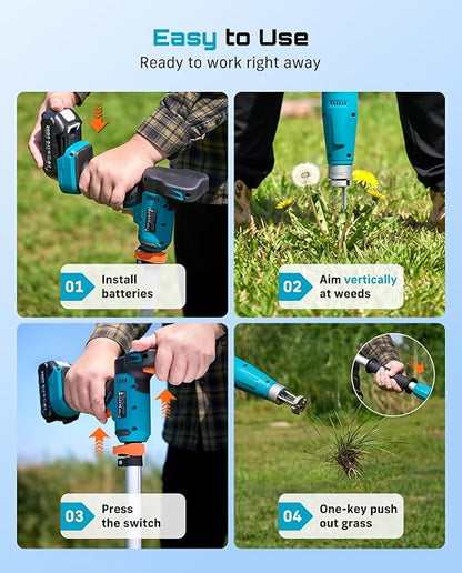 SEESII Electric Stand-Up Weed Puller Tool with 40"-47" Adjustable Handle, High-Power 3-Claw Stainless Steel Spiral, 4S Deep Root Removal, One-Button Eject, Dandelion Remover & Crabgrass Puller