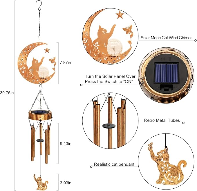 2Pack Solar Moon Cat Wind Chimes, Cat Lover Gifts for Mom Women Men Birthday Mothers Day, Hanging Outdoor Decor Cracked Glass Ball Memorial Large Wind Chimes for Garden Yard Patio Porch