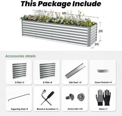 8x2x2FT Galvanized Raised Garden Beds Outdoor,Planter Raised Beds for Gardening, Vegetables, Flowers,Large Metal Garden Box,Deep Plant Flower pots Outdoor (Galvanized, 1Pack)