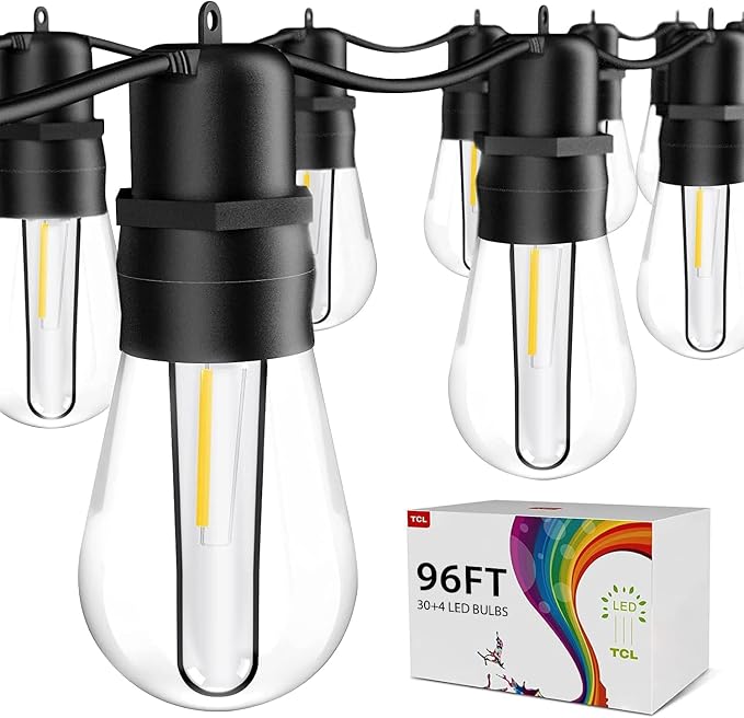 LED Outdoor String Lights, 96FT Patio String Lights with S14 30+4(Spare) Plastic Shatterproof Bulbs, ETL Listed IP65 Waterproof Heavy-Duty for Backyard Lights,Bistro Lights,Cafe Lights
