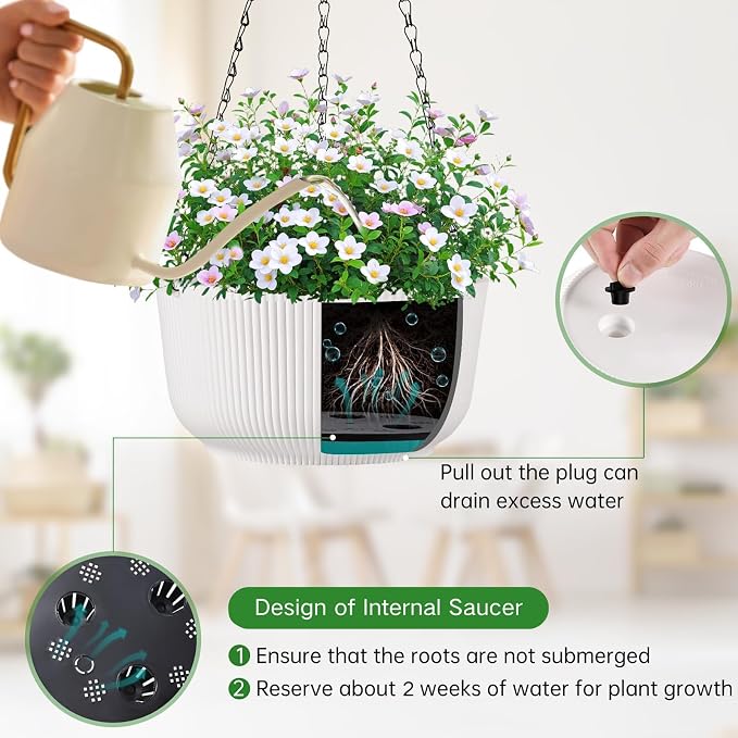12 Inch Hanging Pots for Indoor Outdoor Plants Set of 2 | Self-Watering Hanging Planters with Internal Saucers, Drainage Holes & Plugs (Hooks)