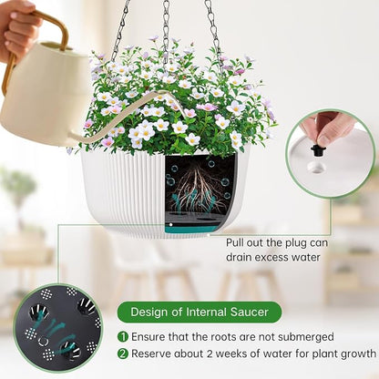 12 Inch Hanging Pots for Indoor Outdoor Plants Set of 2 | Self-Watering Hanging Planters with Internal Saucers, Drainage Holes & Plugs (Hooks)