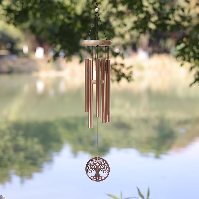 Solar Wind Chimes Outdoor with Glass and Copper (Circular Tree of Life)
