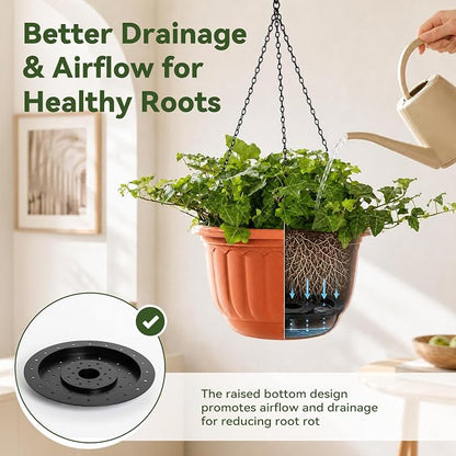 YIKUSH 12 Inch Hanging Planters for Outdoor Plants, 2 Pack Plastic Hanging Flower Pots with Drainage Hole & Tray, Hanging Basket Style Pots for Porch Patio Balcony Decor (Terracotta Color)