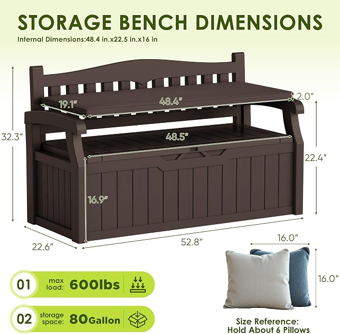 Greesum 80 Gallon Heavy-Duty Outdoor Storage Bench with Cushion, UV-Resistant Resin Bench with Armrest, Deck Box for Garden, Poolside, Patio, Dark Brown
