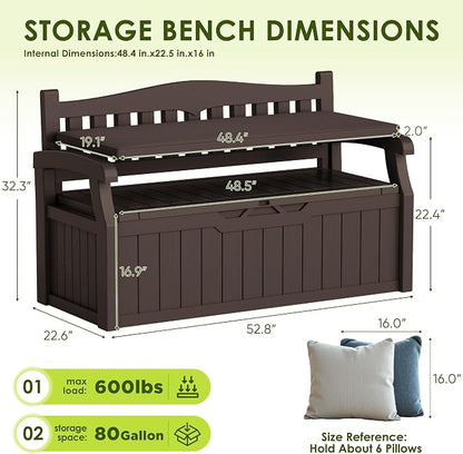 Greesum 80 Gallon Heavy-Duty Outdoor Storage Bench with Cushion, UV-Resistant Resin Bench with Armrest, Deck Box for Garden, Poolside, Patio, Dark Brown