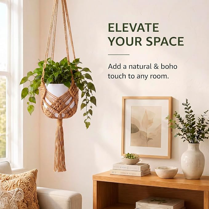 Shappy 2 Pack Boho Macrame Plant Hanger, Large Hanging Planter Plant Holder Pot Hanger Hanging Basket Wall Planters, Plants Lover Gift for Indoor Garden (Diamond Knot Macrame,Jute Color)