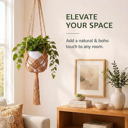 Shappy 2 Pack Boho Macrame Plant Hanger, Large Hanging Planter Plant Holder Pot Hanger Hanging Basket Wall Planters, Plants Lover Gift for Indoor Garden (Diamond Knot Macrame,Jute Color)