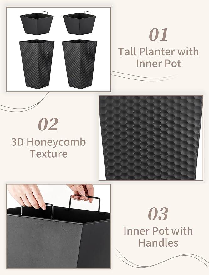Sziqiqi Tall Planter for Indoor Outdoor: Set of 2 Large 21.6in Metal Taper Plant Pots with Inner Pots - Square Black Flower Pot with Drainage Holes for Outside Front Door Patio Garden Floor