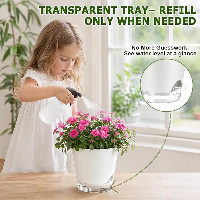 QRRICA 5/5.5/6/6.5/7/8 inch Self Watering Pot Set, Visible Water Level Planter with Transparent Reservoir & Drainage Holes, Plastic Flower Pots with Cotton Rope for Indoor/Outdoor Use (White)