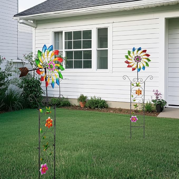 DREAMYSOUL Wind Spinner Outdoor, Colorful Wind Sculpture & Spinner, Weathervane with Decorative Trellis for Climbing Plants, Kinetic Wind Spinners for Yard