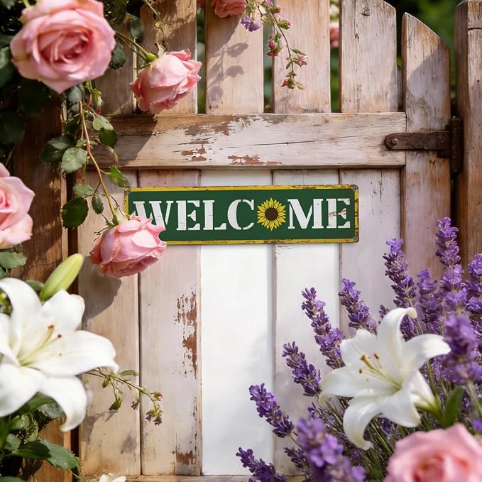 Vintage Metal Tin Signs, Welcome Sign, Sunflower Farmhouse Wall Decor, Rustic Garden Sign, for Yard Fence Door Porch, Indoor Outdoor Garden Decoration, Gift for Sunflower Lovers, 15.7 x 3.9 Inches