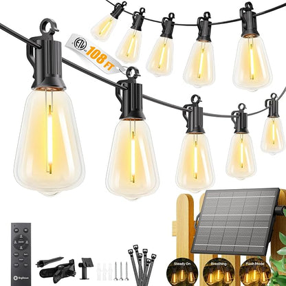 Brightown 108FT 50+2 LED Solar String Lights Outdoor Waterproof, Patio Lights with Remote and Shatterproof Bulbs, Dimmable & Timable, 3 Light Modes, Solar Lights Outdoor for Yard Garden Camping Party