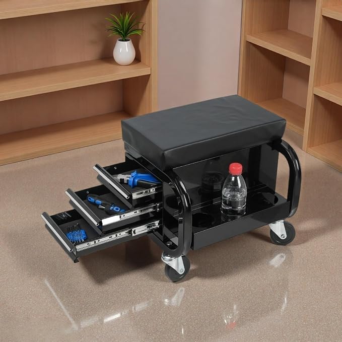 Tool Chest, Rolling Tool Box with 3 Built-in Drawers, 4 360-degree Swivel Casters & Storage Tank, Creeper Garage Cabinets, Work Seat with Builtin Toolbox for Workshop, Warehouse, Black