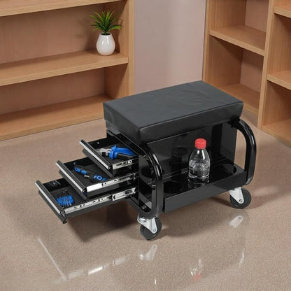 Tool Chest, Rolling Tool Box with 3 Built-in Drawers, 4 360-degree Swivel Casters & Storage Tank, Creeper Garage Cabinets, Work Seat with Builtin Toolbox for Workshop, Warehouse, Black