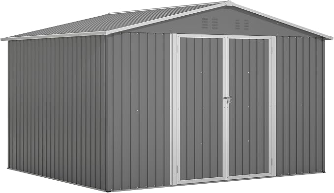 PVWIIK 10x8 FT Large Outdoor Metal Storage Shed, Heavy Duty Waterproof Steel Garden Tool Shed with Lockable Doors, Utility Storage Building for Backyard Patio Lawn Garden, Grey