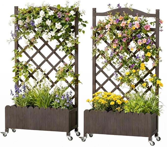 COMHOMA 2 Pack Planter Box with Trellis and Wheels, 48In Elevated Raised Garden Bed, Drainage Holes, Outdoor Lattice for Climbing Flowers, Vegetables, Patio Balcony, Brown