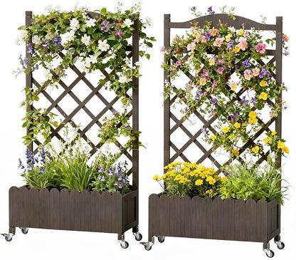 COMHOMA 2 Pack Planter Box with Trellis and Wheels, 48In Elevated Raised Garden Bed, Drainage Holes, Outdoor Lattice for Climbing Flowers, Vegetables, Patio Balcony, Brown